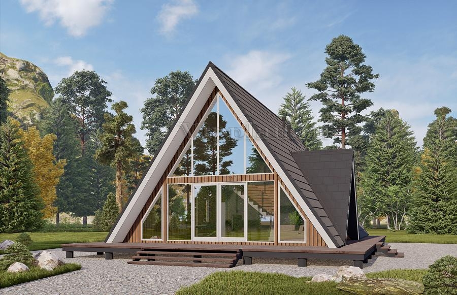 Одноэтажный дом с мансардой, террасой и балконом